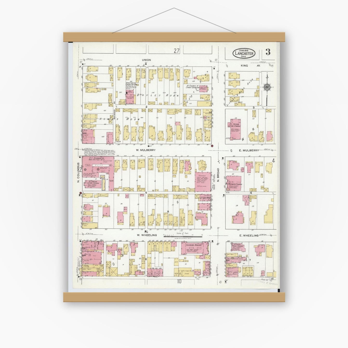 Old map wall art mockup — magnetic wood frame on white wall — Sanborn Fire Insurance Map from Lancaster, Fairfield County, Ohio (1919), Sheet #0003