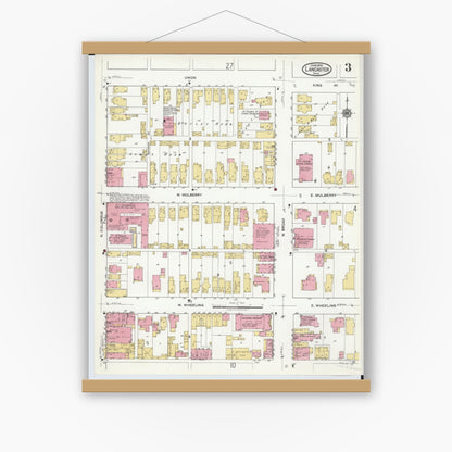 Old map wall art mockup — magnetic wood frame on white wall — Sanborn Fire Insurance Map from Lancaster, Fairfield County, Ohio (1919), Sheet #0003