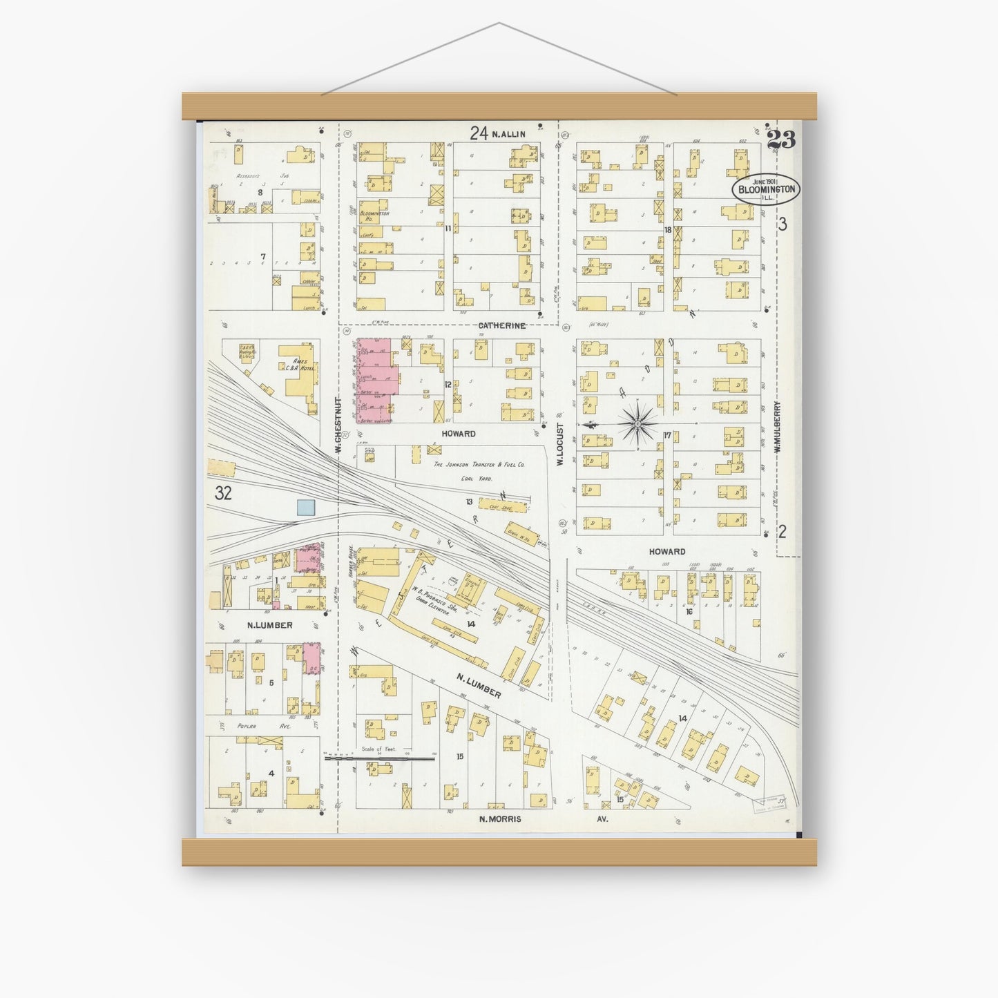 Old map wall art mockup — magnetic wood frame on white wall — Sanborn Fire Insurance Map from Bloomington, McLean County, Illinois (1901), Sheet #0023