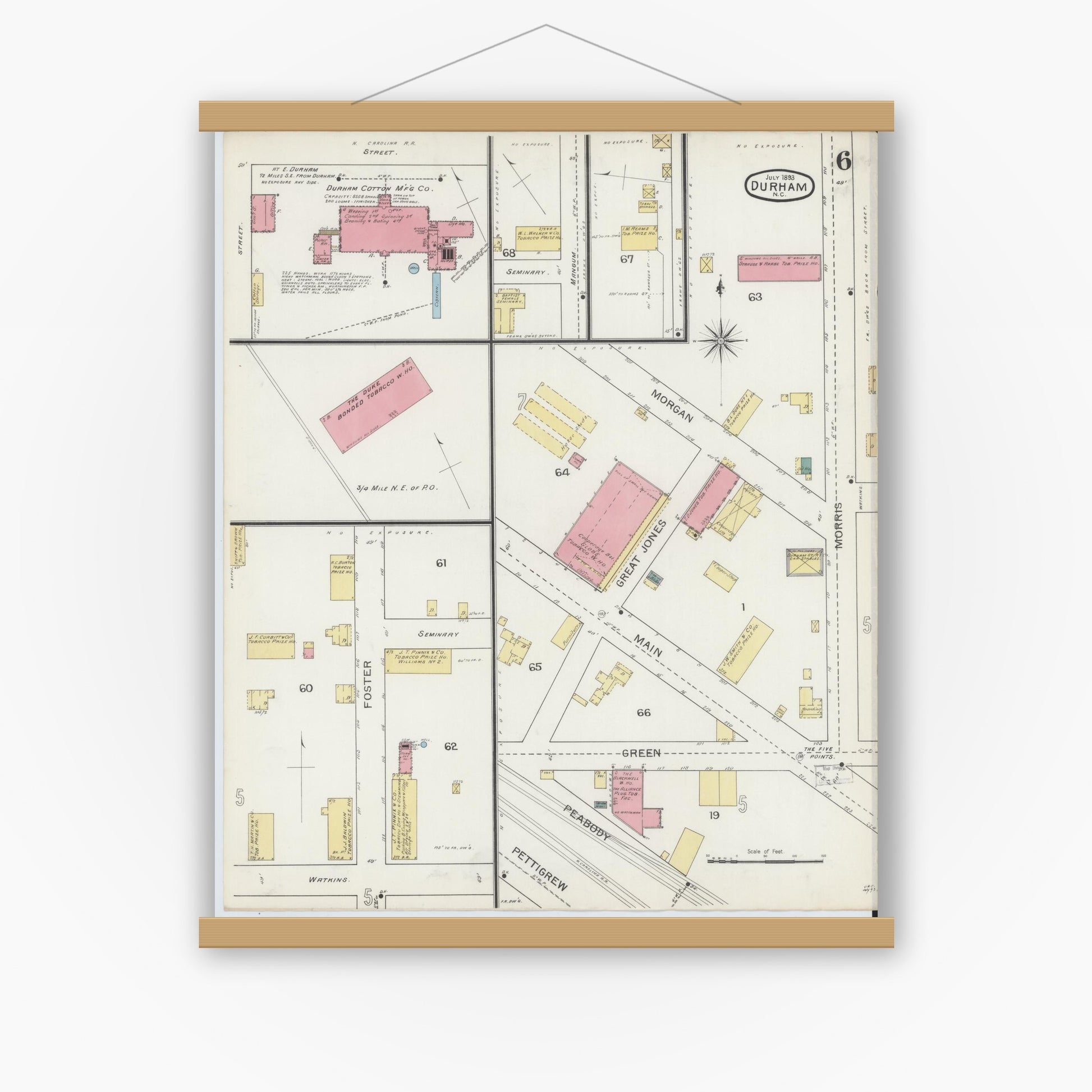Old map wall art mockup — magnetic wood frame on white wall — Sanborn Fire Insurance Map from Durham, Durham County, North Carolina (1893), Sheet #0006