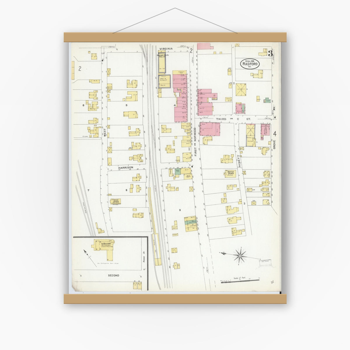 Old map wall art mockup — magnetic wood frame on white wall — Sanborn Fire Insurance Map from Radford, Independent Cities, Virginia (1908), Sheet #0003