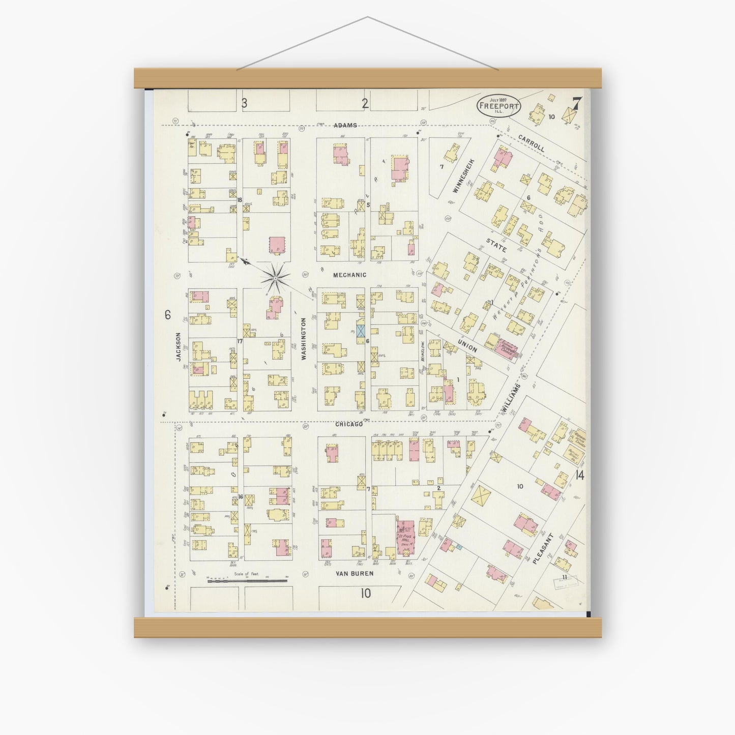 Old map wall art mockup — magnetic wood frame on white wall — Sanborn Fire Insurance Map from Freeport, Stephenson County, Illinois (1897), Sheet #0007