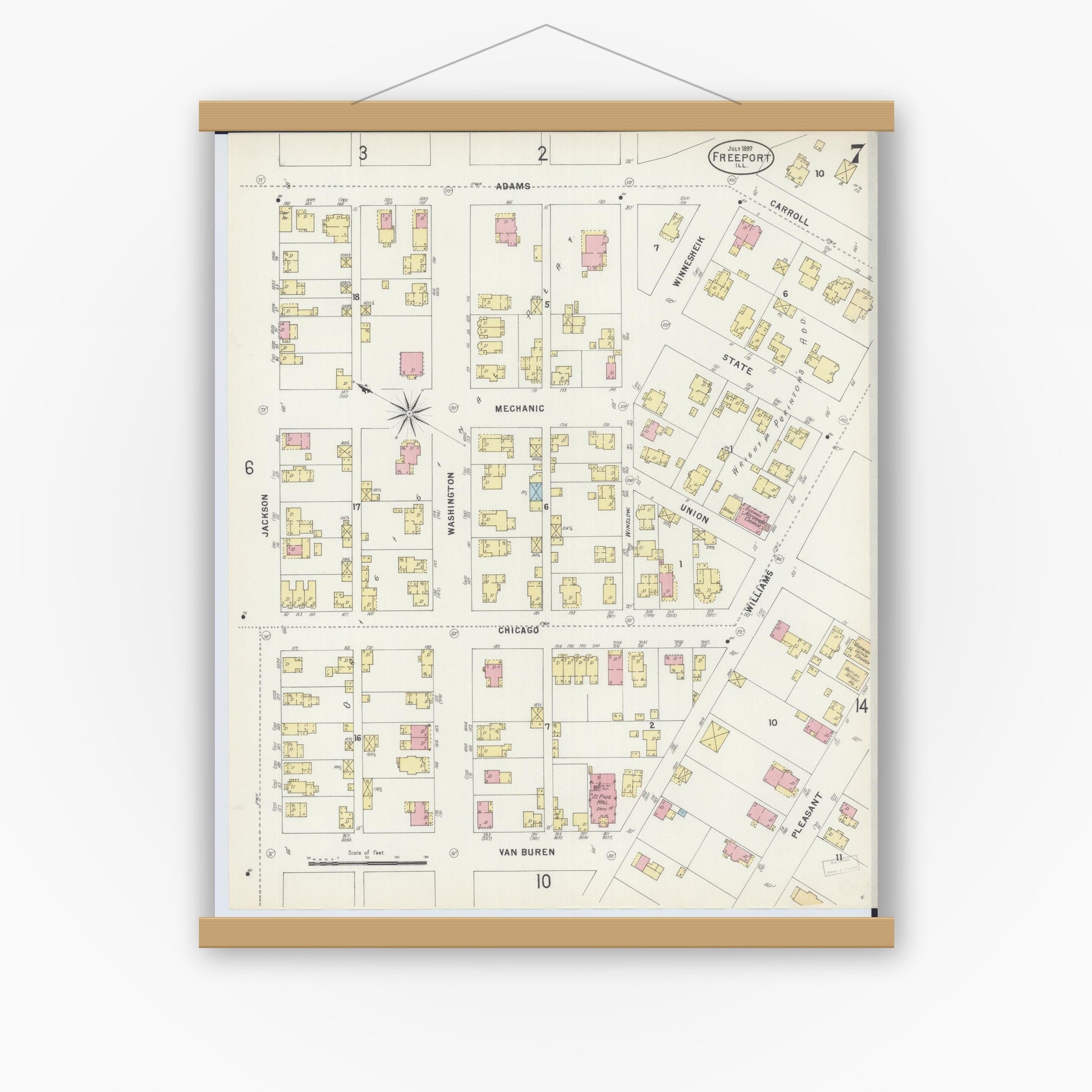 Old map wall art mockup — magnetic wood frame on white wall — Sanborn Fire Insurance Map from Freeport, Stephenson County, Illinois (1897), Sheet #0007