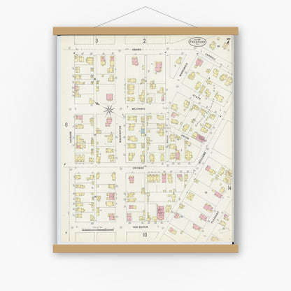 Old map wall art mockup — magnetic wood frame on white wall — Sanborn Fire Insurance Map from Freeport, Stephenson County, Illinois (1897), Sheet #0007