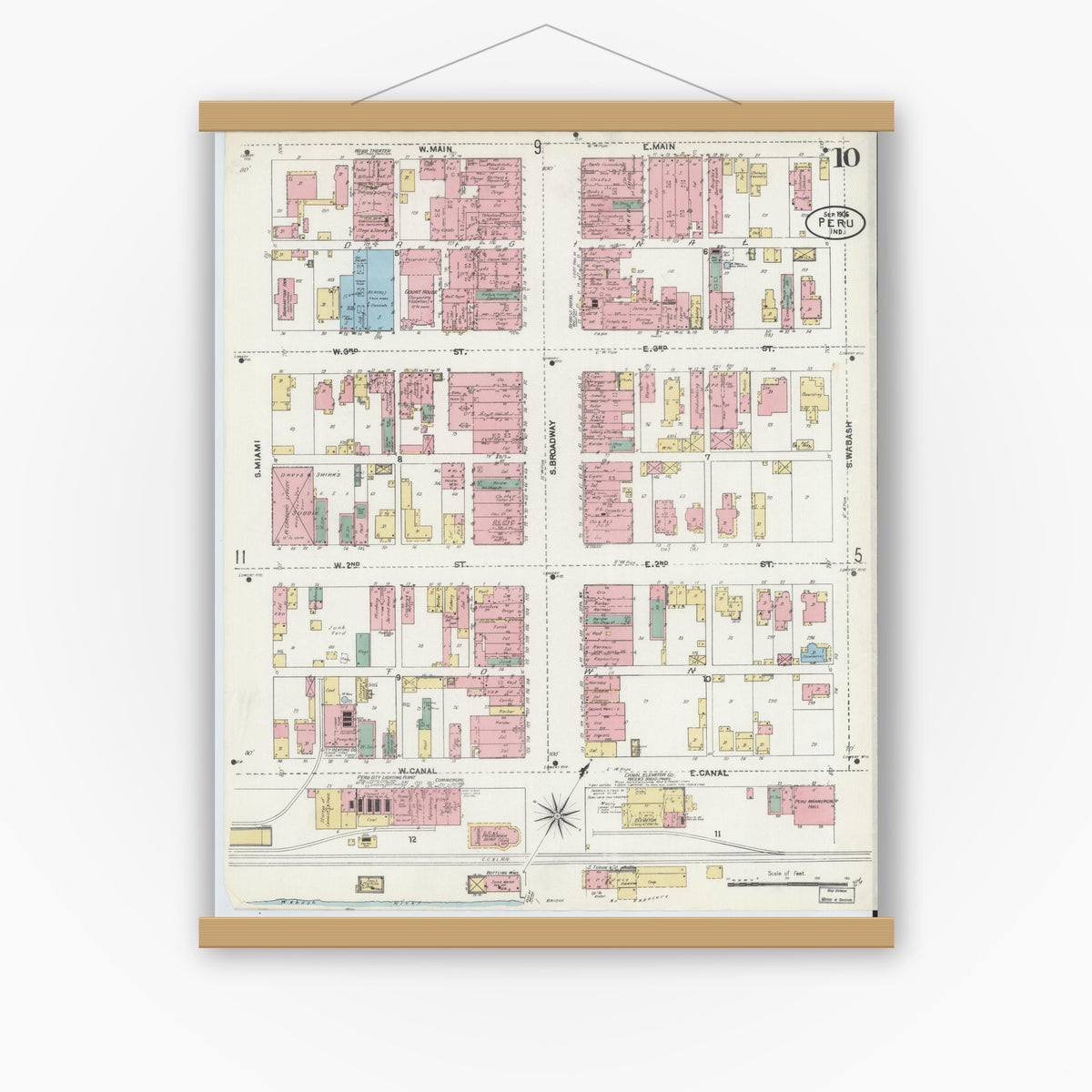 Old map wall art mockup — magnetic wood frame on white wall — Sanborn Fire Insurance Map from Peru, Miami County, Indiana (1906), Sheet #0010