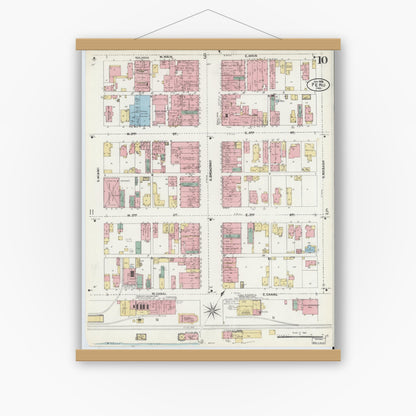 Old map wall art mockup — magnetic wood frame on white wall — Sanborn Fire Insurance Map from Peru, Miami County, Indiana (1906), Sheet #0010