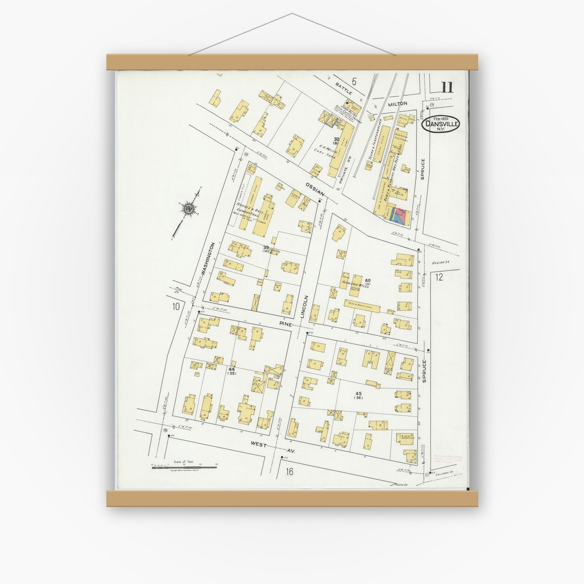 Old map wall art mockup — magnetic wood frame on white wall — Sanborn Fire Insurance Map from Dansville, Livingston County, New York (1920), Sheet #0011