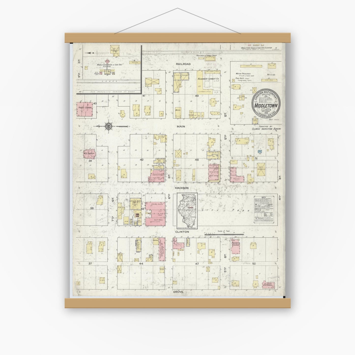 Old map wall art mockup — magnetic wood frame on white wall — Sanborn Fire Insurance Map from Middletown, Logan County, Illinois (1914), Sheet #0001