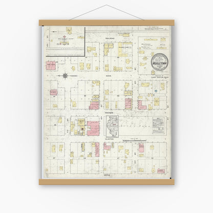 Old map wall art mockup — magnetic wood frame on white wall — Sanborn Fire Insurance Map from Middletown, Logan County, Illinois (1914), Sheet #0001