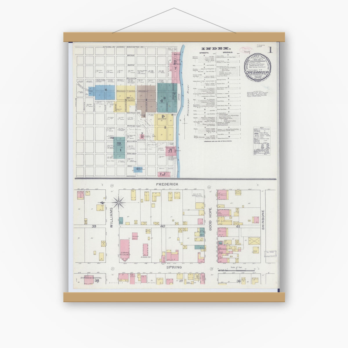 Old map wall art mockup — magnetic wood frame on white wall — Sanborn Fire Insurance Map from Cape Girardeau, Cape Girardeau County, Missouri (1893) - Complete Map Set
