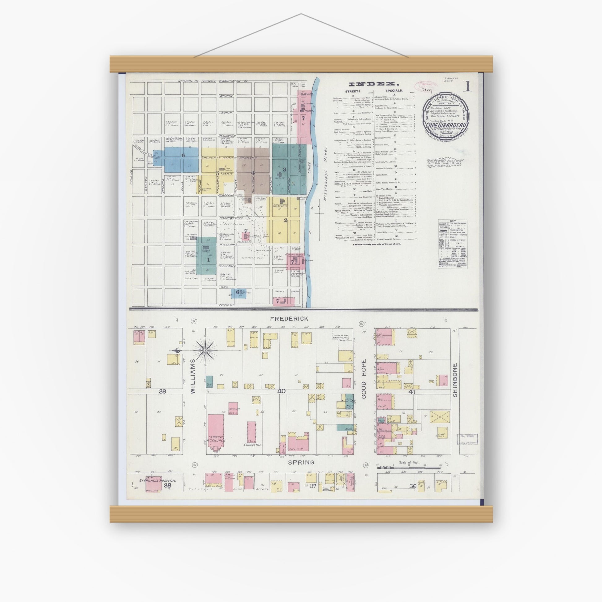 Old map wall art mockup — magnetic wood frame on white wall — Sanborn Fire Insurance Map from Cape Girardeau, Cape Girardeau County, Missouri (1893) - Complete Map Set
