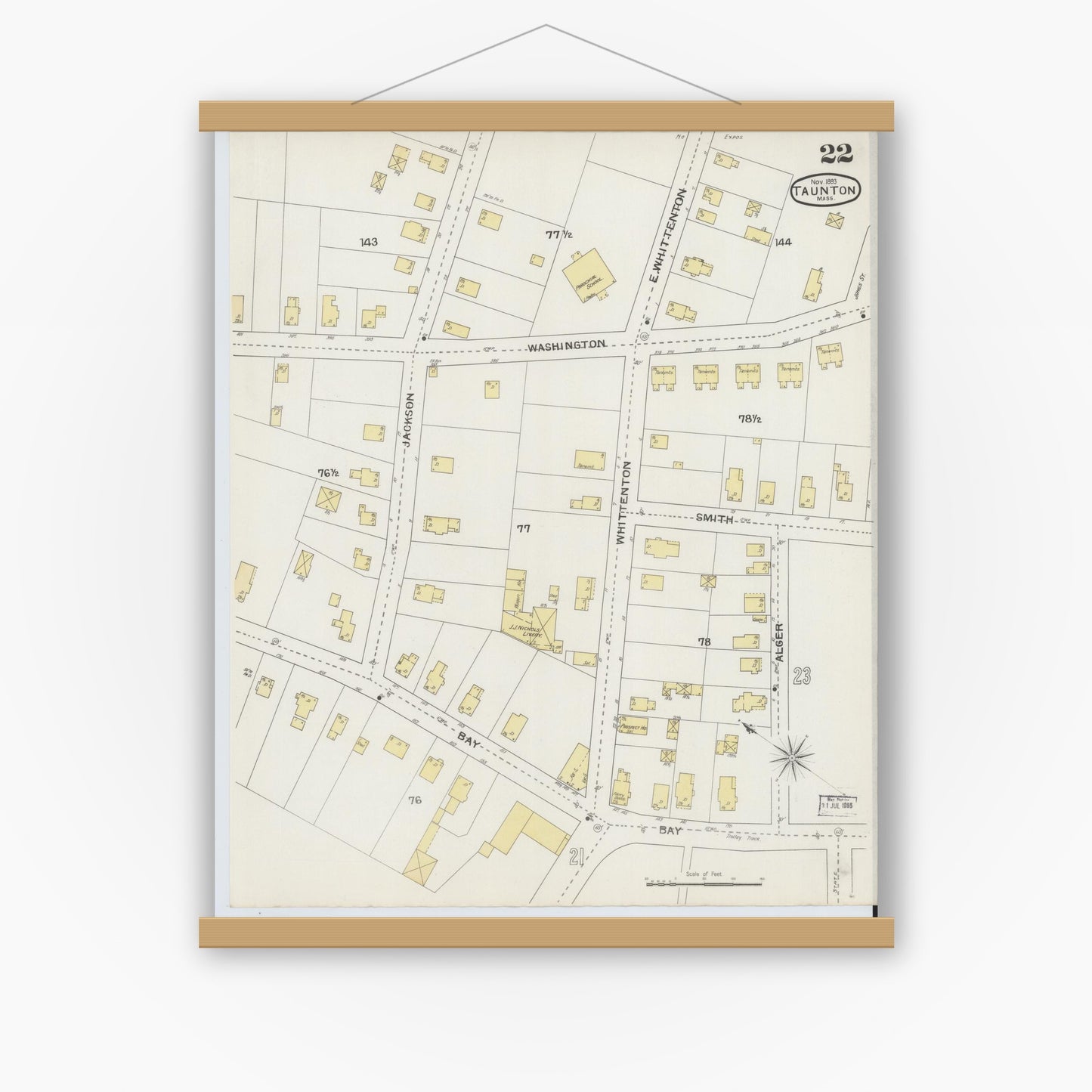 Old map wall art mockup — magnetic wood frame on white wall — Sanborn Fire Insurance Map from Taunton, Bristol County, Massachusetts (1893), Sheet #0022