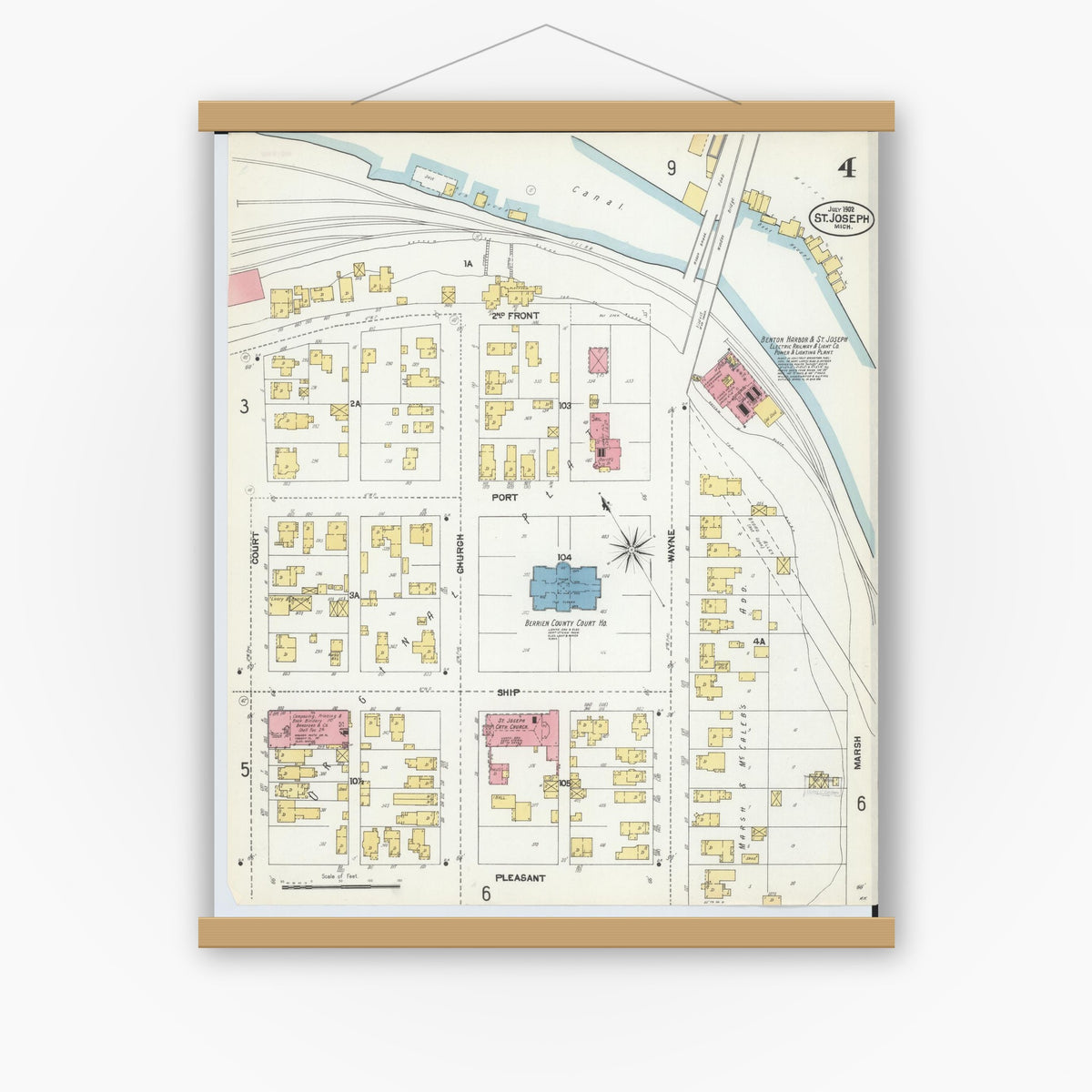 Old map wall art mockup — magnetic wood frame on white wall — Sanborn Fire Insurance Map from Saint Joseph, Berrien County, Michigan (1902), Sheet #0004