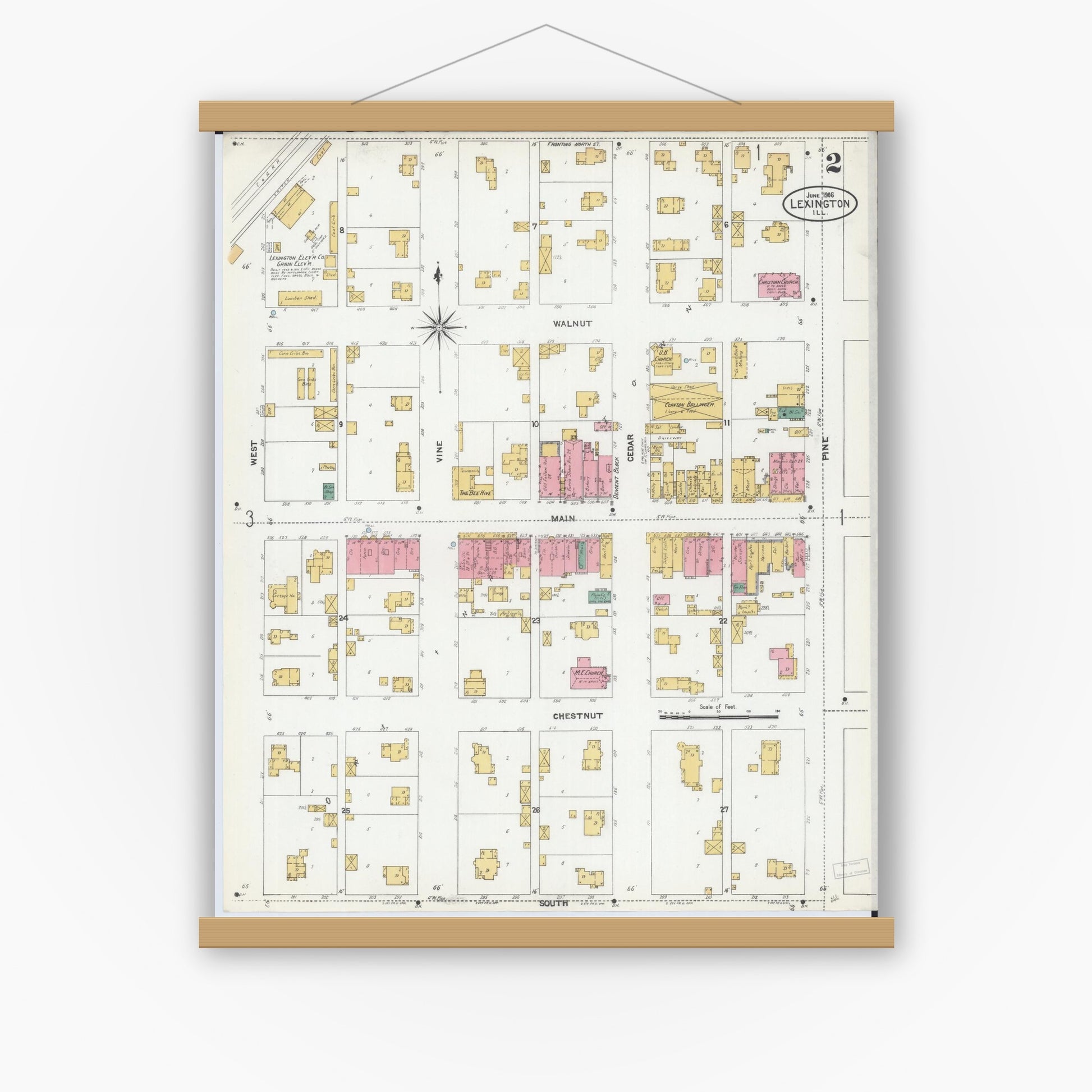 Old map wall art mockup — magnetic wood frame on white wall — Sanborn Fire Insurance Map from Lexington, McLean County, Illinois (1906), Sheet #0002
