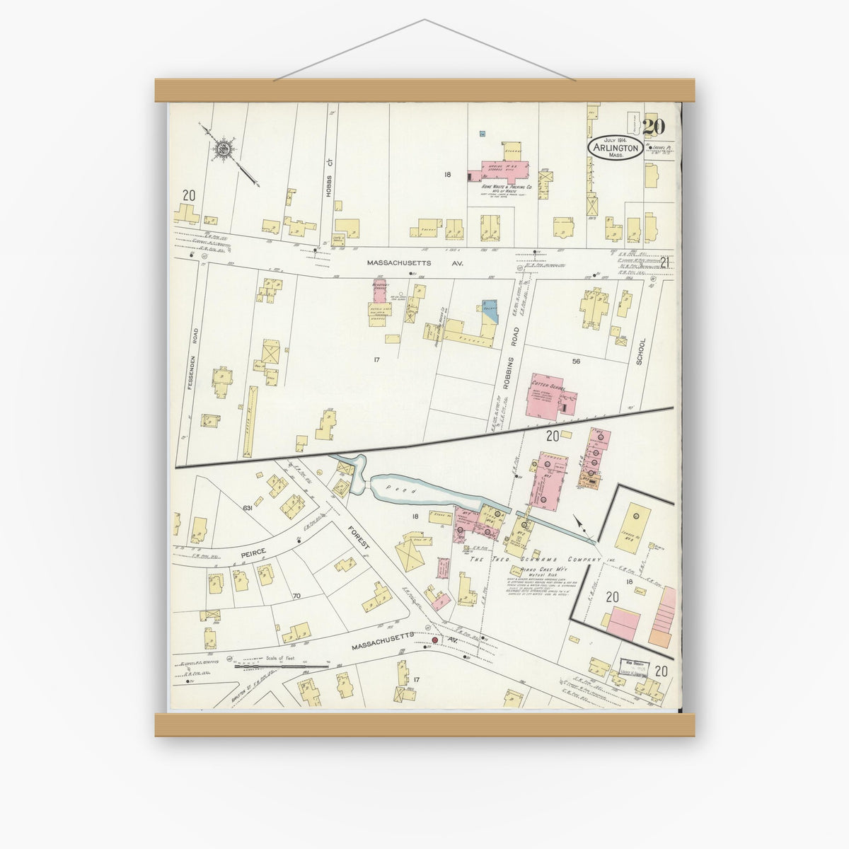 Old map wall art mockup — magnetic wood frame on white wall — Sanborn Fire Insurance Map from Arlington, Middlesex County, Massachusetts (1914), Sheet #0020