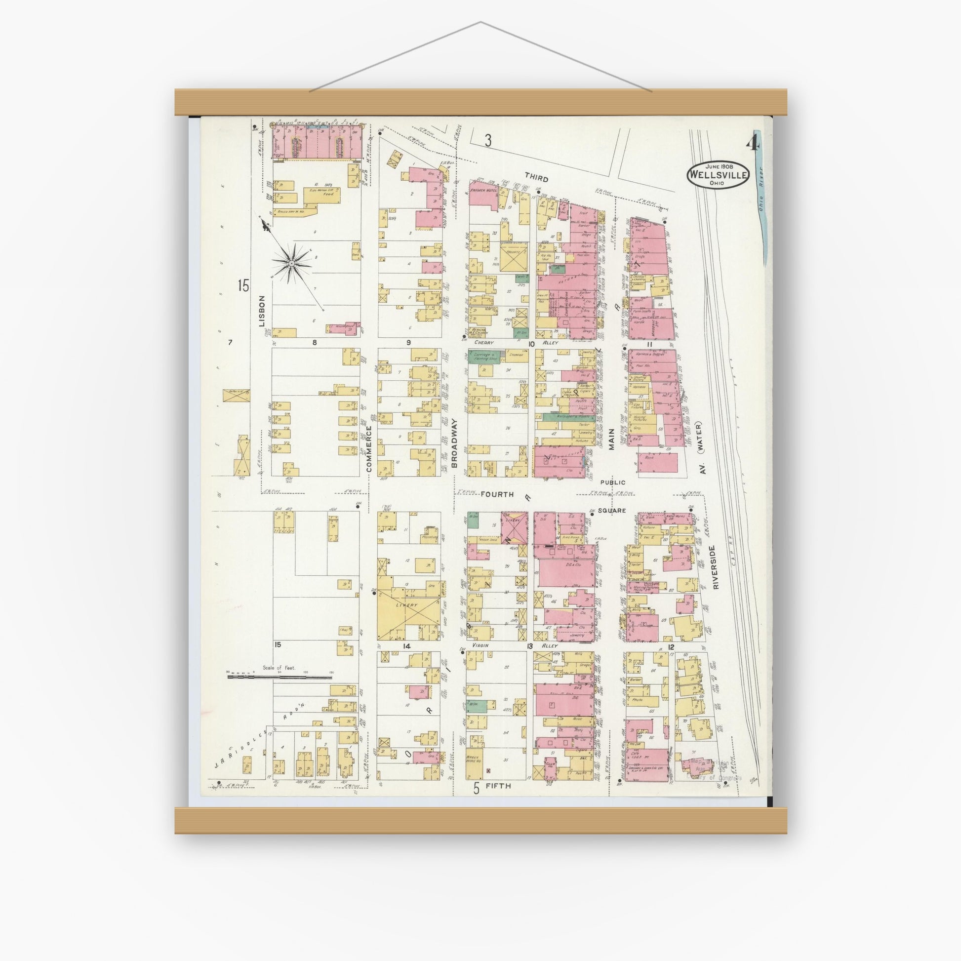 Old map wall art mockup — magnetic wood frame on white wall — Sanborn Fire Insurance Map from Wellsville, Columbiana County, Ohio (1908), Sheet #0004