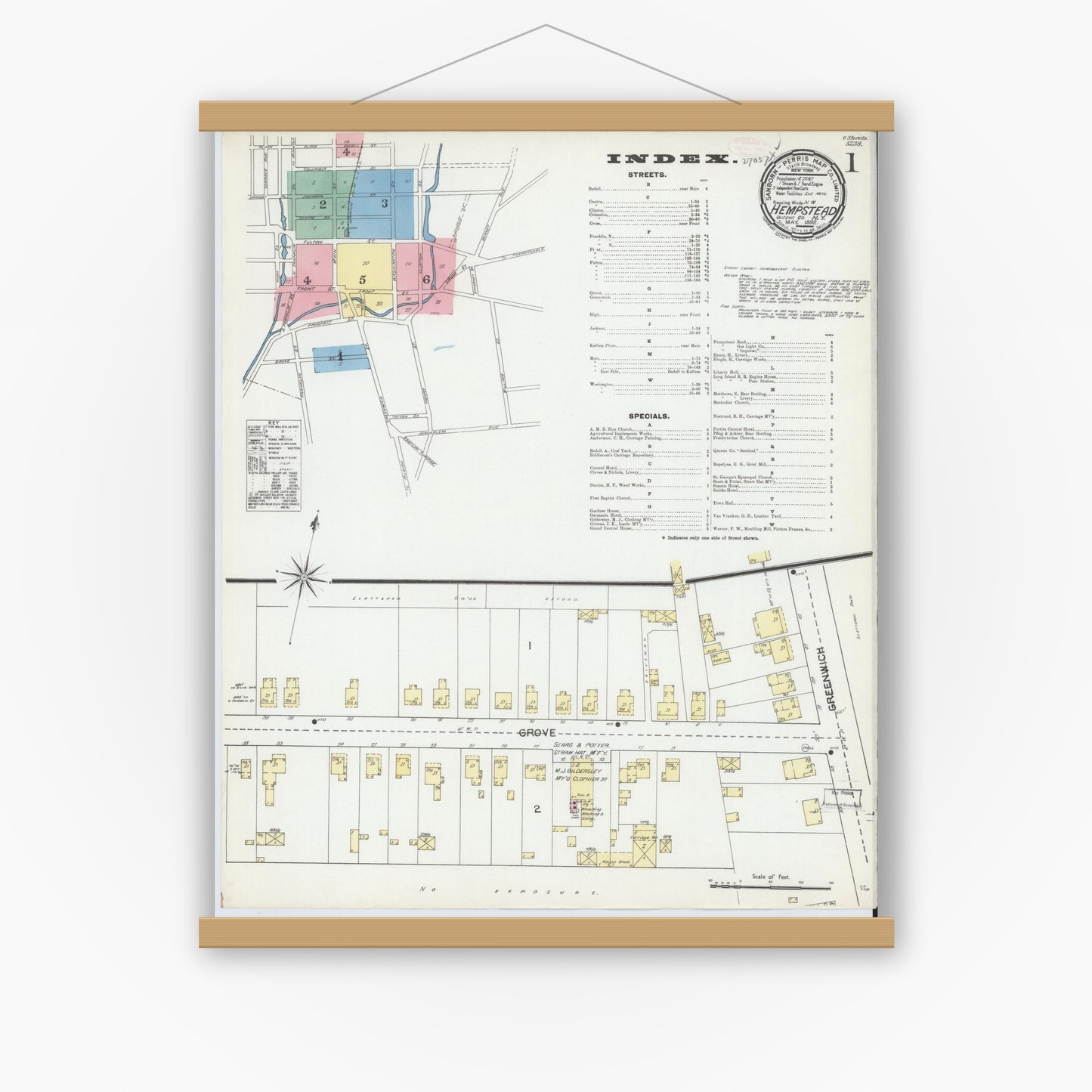 Old map wall art mockup — magnetic wood frame on white wall — Sanborn Fire Insurance Map from Hempstead, Nassau County, New York (1892) - Complete Map Set