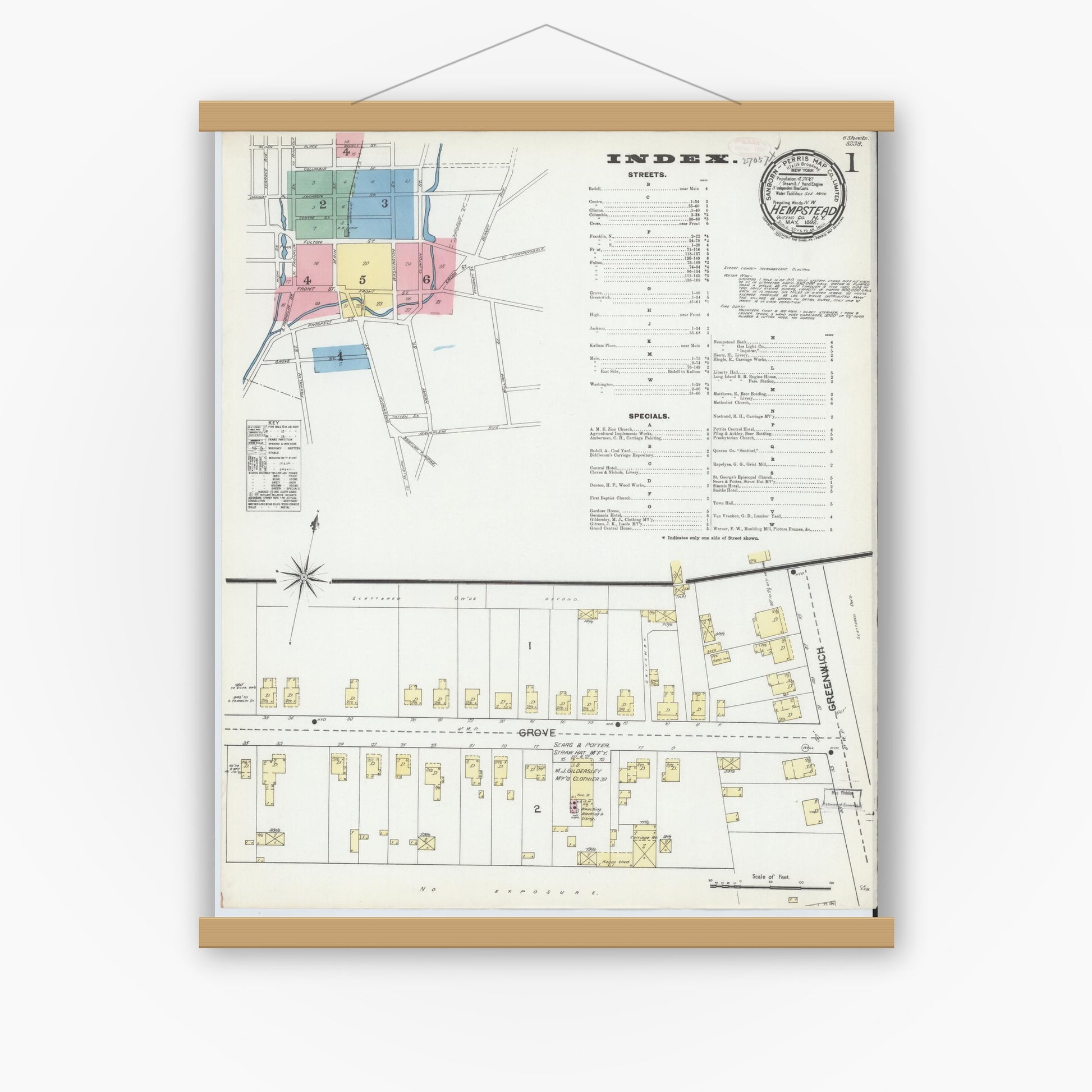 Old map wall art mockup — magnetic wood frame on white wall — Sanborn Fire Insurance Map from Hempstead, Nassau County, New York (1892) - Complete Map Set