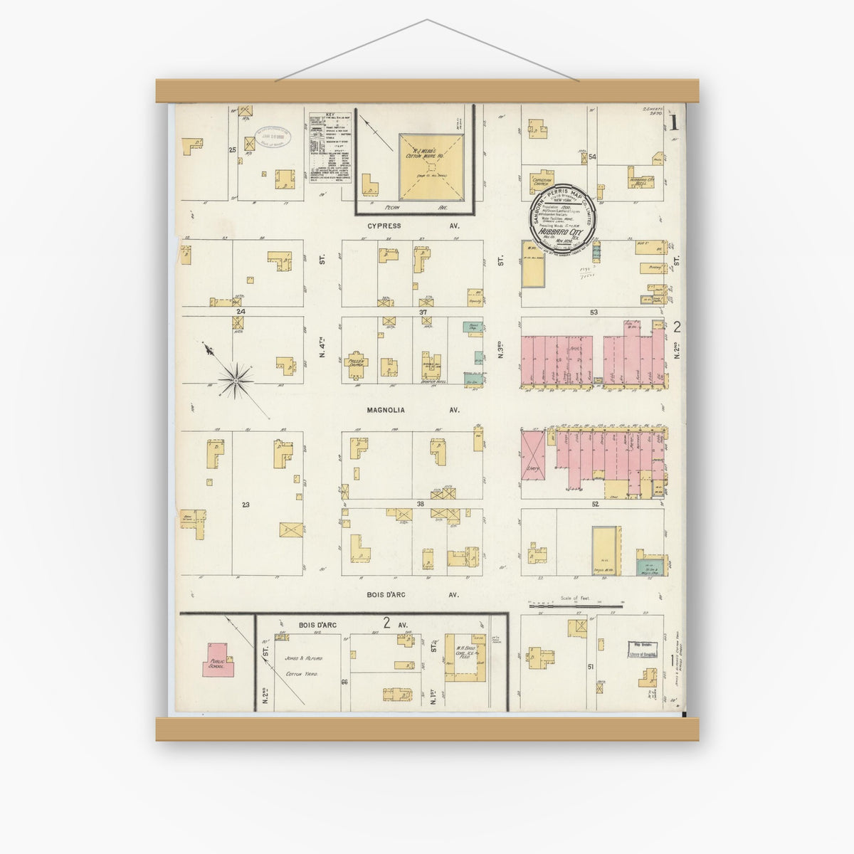Old map wall art mockup — magnetic wood frame on white wall — Sanborn Fire Insurance Map from Hubbard, Hill County, Texas (1898) - Complete Map Set