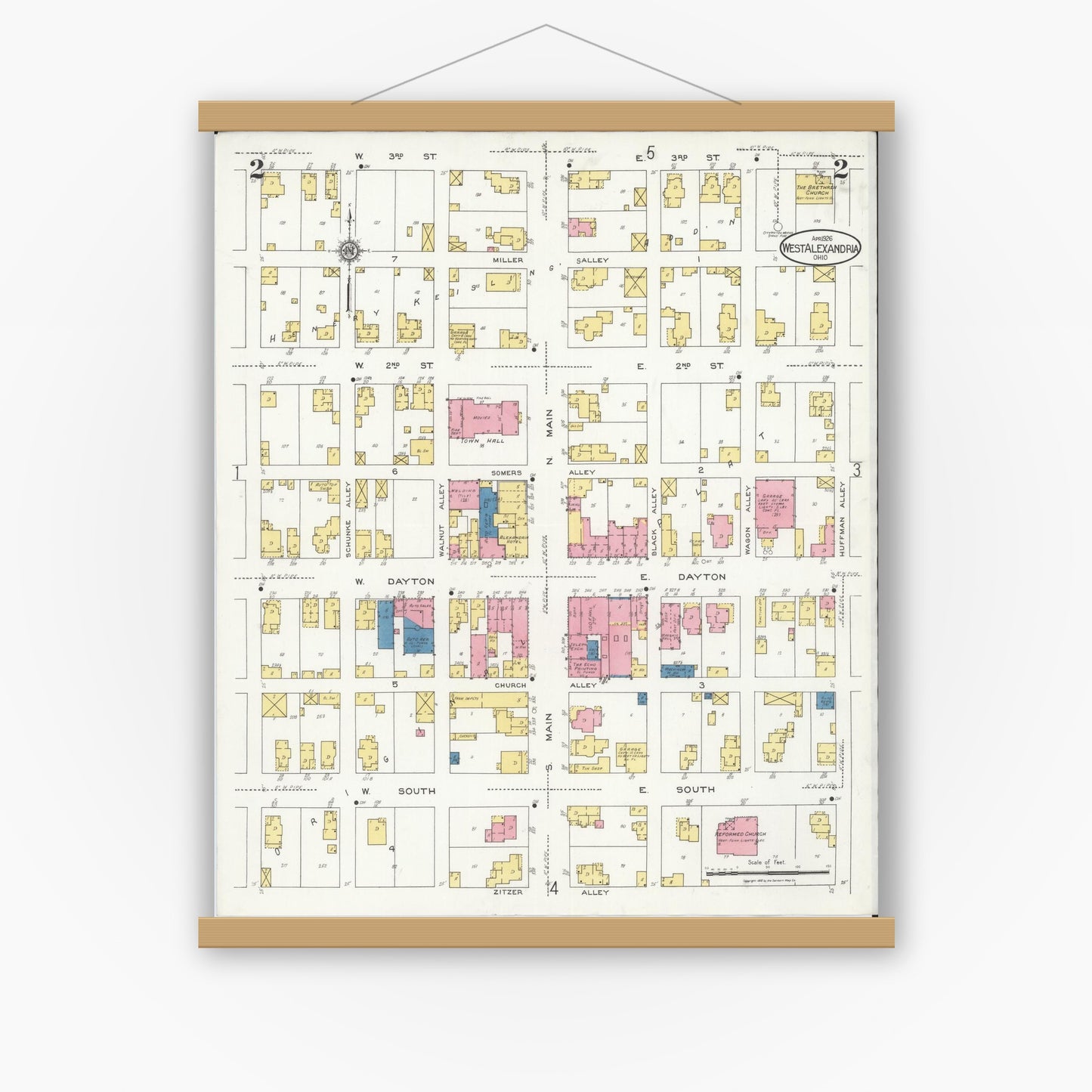 Old map wall art mockup — magnetic wood frame on white wall — Sanborn Fire Insurance Map from West Alexandria, Preble County, Ohio (1926), Sheet #0002