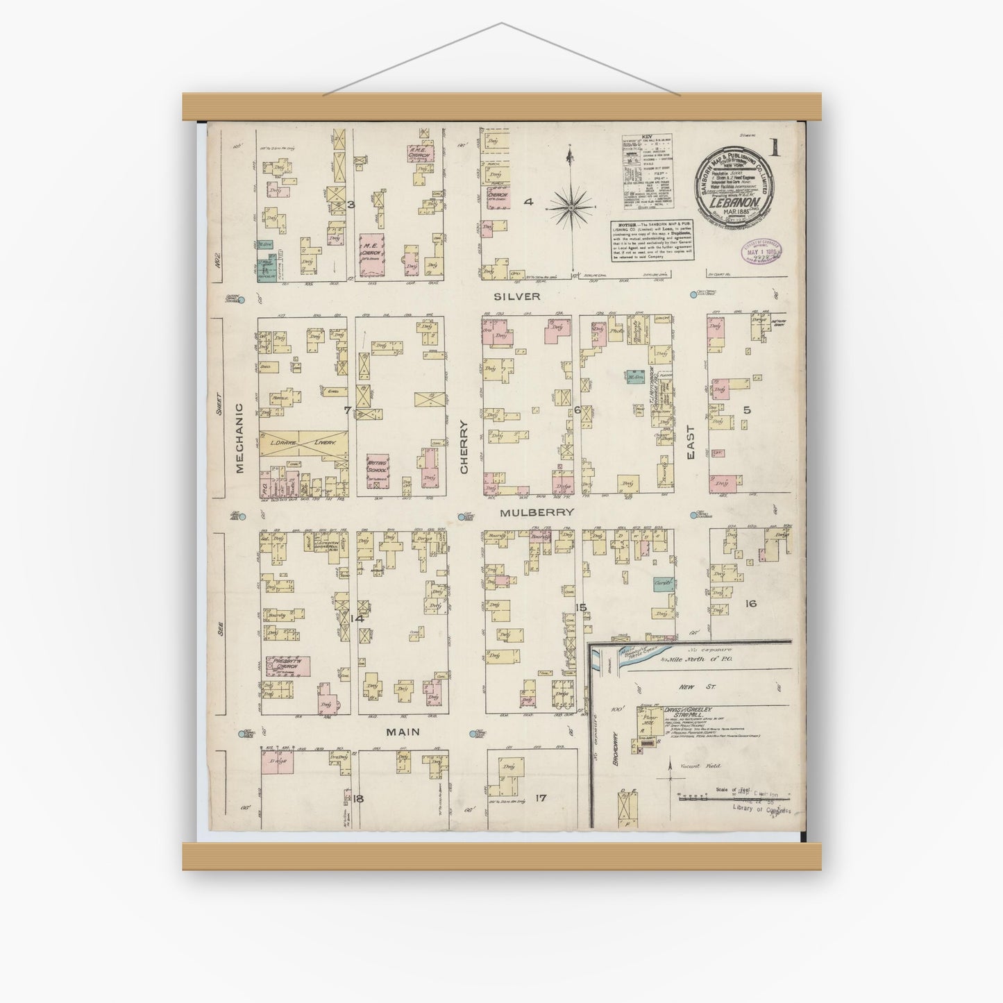 Old map wall art mockup — magnetic wood frame on white wall — Sanborn Fire Insurance Map from Lebanon, Warren County, Ohio (1885) - Complete Map Set