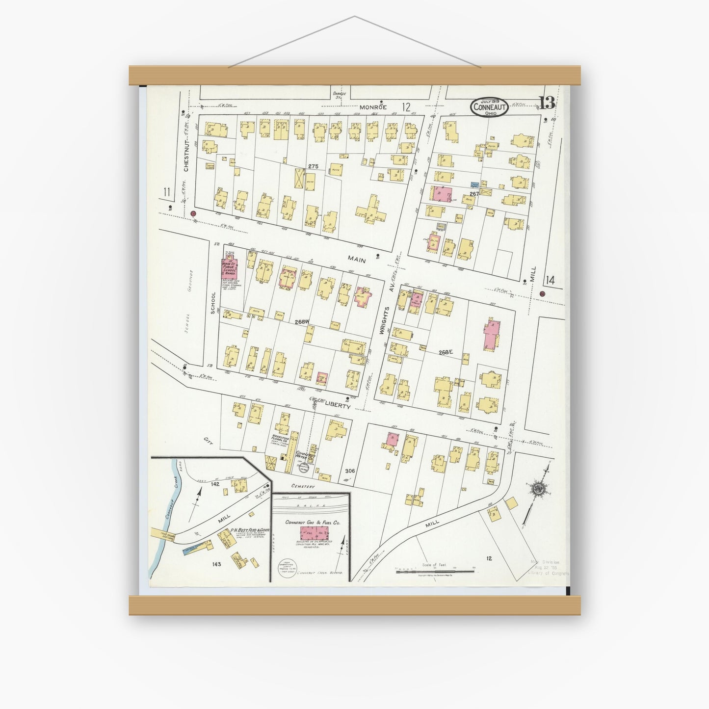 Old map wall art mockup — magnetic wood frame on white wall — Sanborn Fire Insurance Map from Conneaut, Ashtabula County, Ohio (1919), Sheet #0013