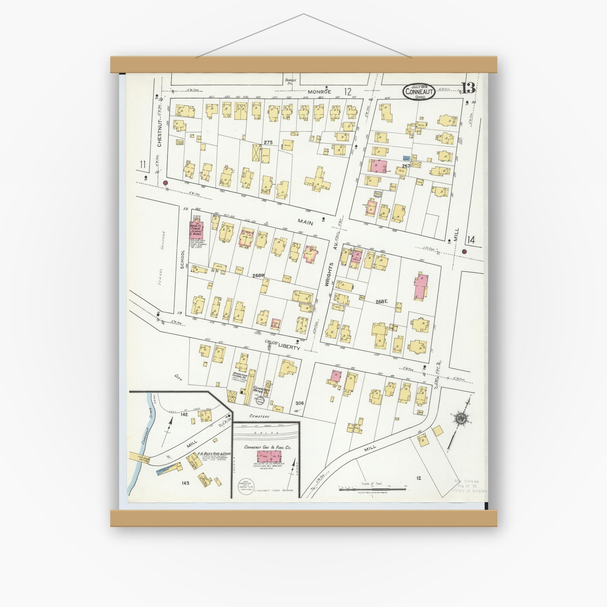 Old map wall art mockup — magnetic wood frame on white wall — Sanborn Fire Insurance Map from Conneaut, Ashtabula County, Ohio (1919), Sheet #0013