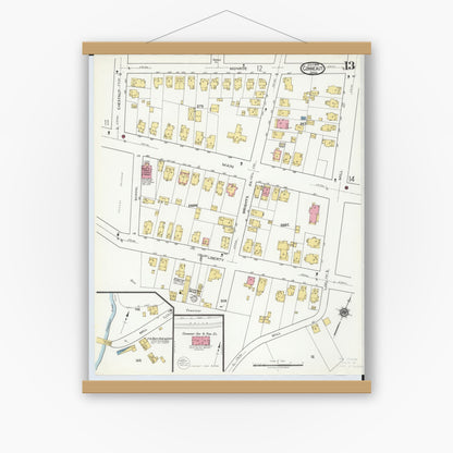 Old map wall art mockup — magnetic wood frame on white wall — Sanborn Fire Insurance Map from Conneaut, Ashtabula County, Ohio (1919), Sheet #0013