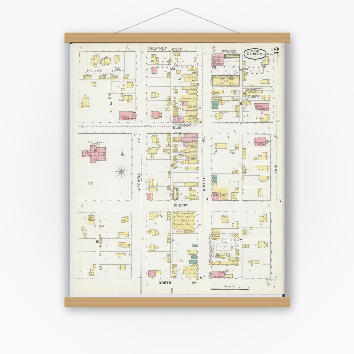 Old map wall art mockup — magnetic wood frame on white wall — Sanborn Fire Insurance Map from Olney, Richland County, Illinois (1892), Sheet #0002