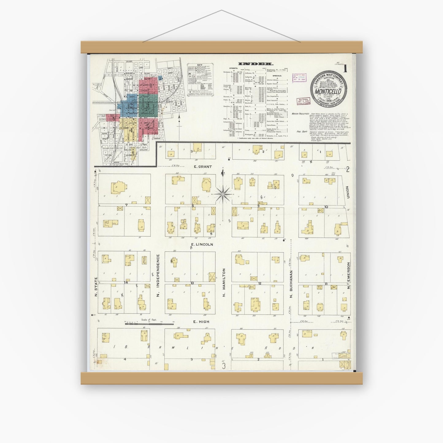 Old map wall art mockup — magnetic wood frame on white wall — Sanborn Fire Insurance Map from Monticello, Piatt County, Illinois (1909) - Complete Map Set