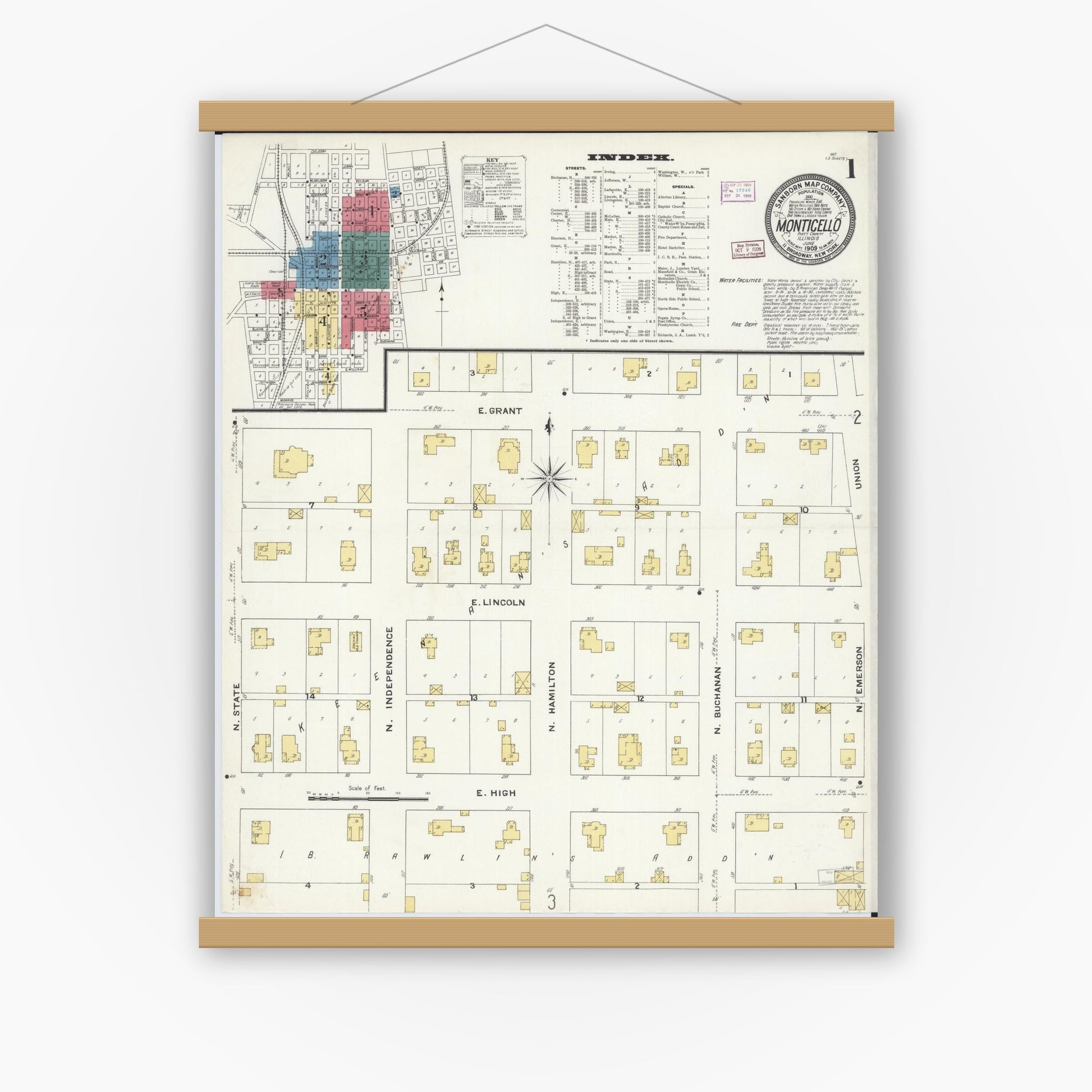 Old map wall art mockup — magnetic wood frame on white wall — Sanborn Fire Insurance Map from Monticello, Piatt County, Illinois (1909) - Complete Map Set