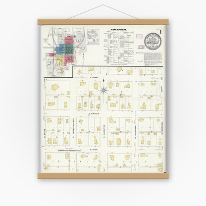 Old map wall art mockup — magnetic wood frame on white wall — Sanborn Fire Insurance Map from Monticello, Piatt County, Illinois (1909) - Complete Map Set