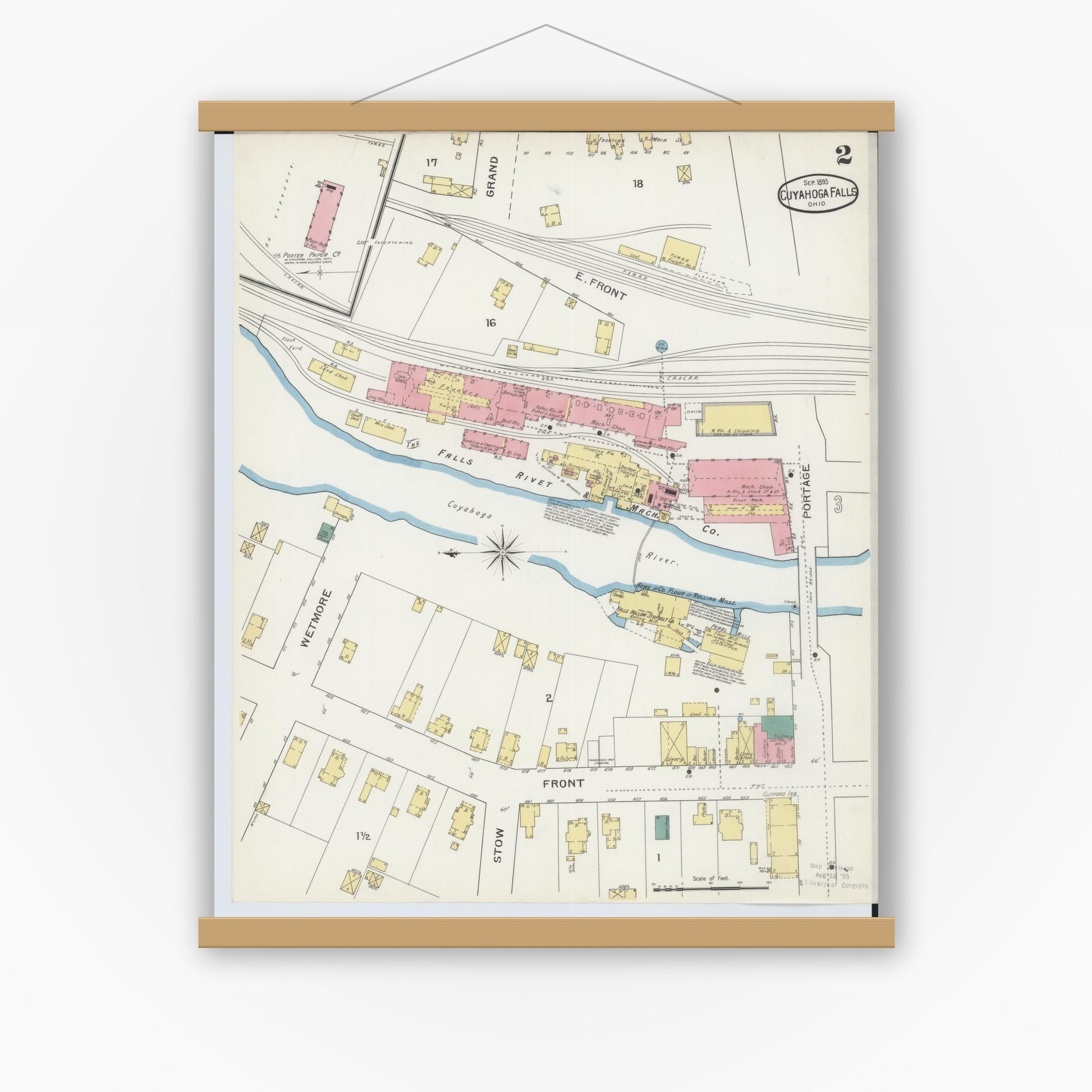 Old map wall art mockup — magnetic wood frame on white wall — Sanborn Fire Insurance Map from Cuyahoga Falls, Summit County, Ohio (1893), Sheet #0002