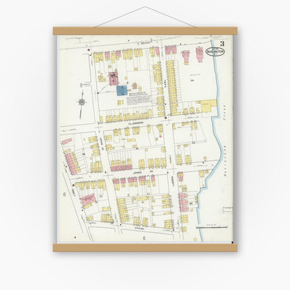 Old map wall art mockup — magnetic wood frame on white wall — Sanborn Fire Insurance Map from Burlington, Burlington County, New Jersey (1915), Sheet #0003