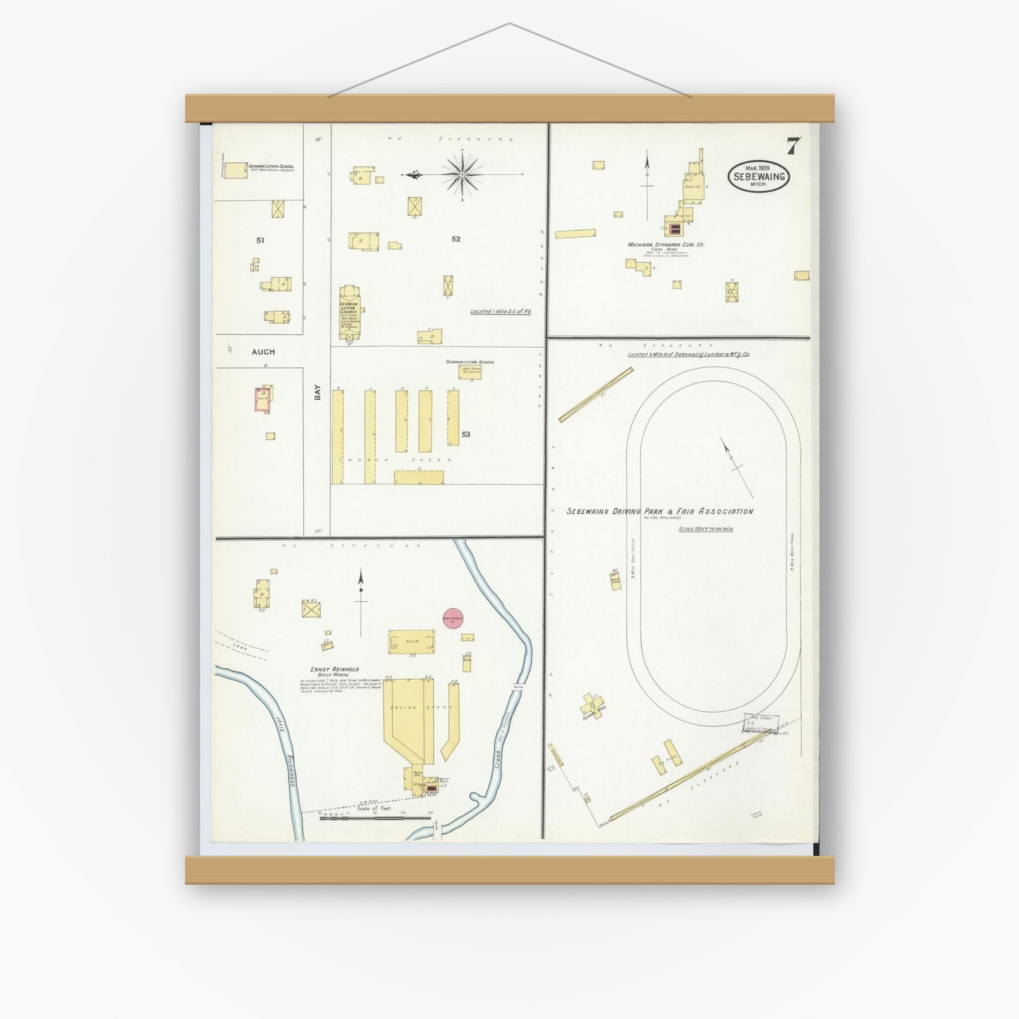 Old map wall art mockup — magnetic wood frame on white wall — Sanborn Fire Insurance Map from Sebewaing, Huron County, Michigan (1909), Sheet #0007