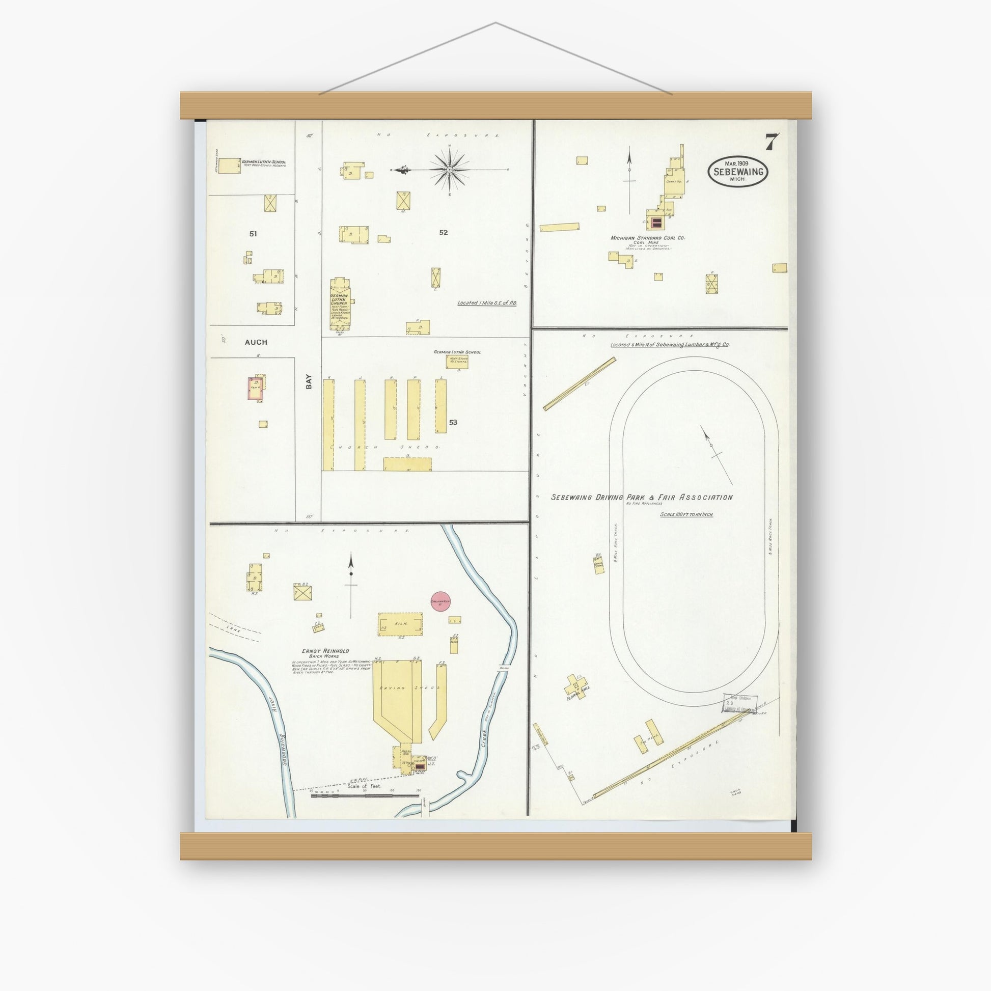 Old map wall art mockup — magnetic wood frame on white wall — Sanborn Fire Insurance Map from Sebewaing, Huron County, Michigan (1909), Sheet #0007
