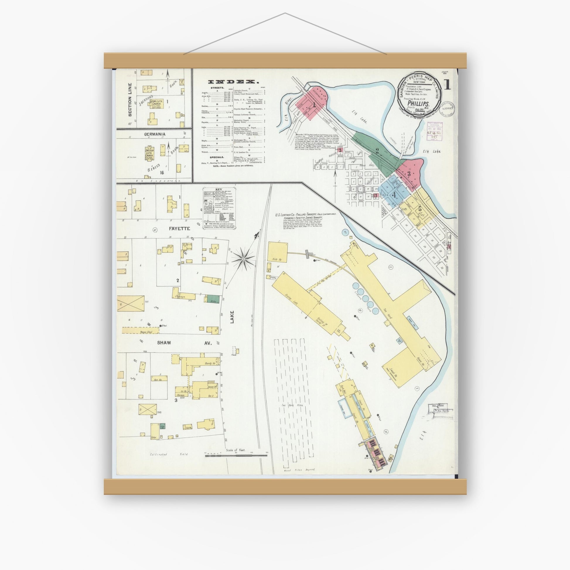 Old map wall art mockup — magnetic wood frame on white wall — Sanborn Fire Insurance Map from Phillips, Price County, Wisconsin (1901), Sheet #0001