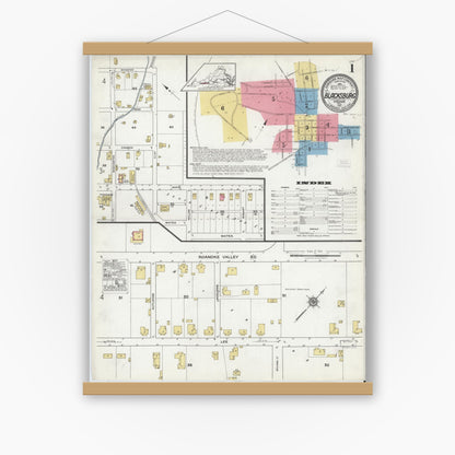 Old map wall art mockup — magnetic wood frame on white wall — Sanborn Fire Insurance Map from Blacksburg, Montgomery County, Virginia (1921) - Complete Map Set