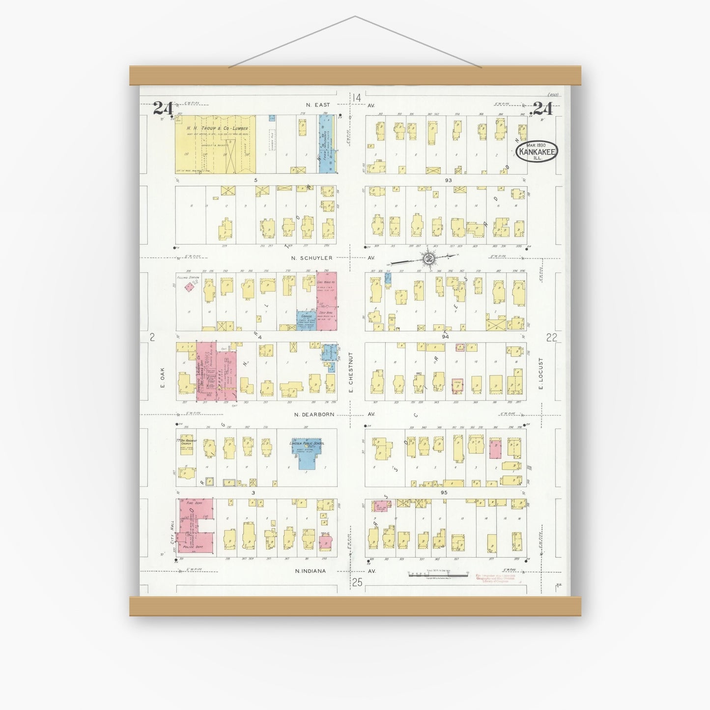 Old map wall art mockup — magnetic wood frame on white wall — Sanborn Fire Insurance Map from Kankakee, Kankakee County, Illinois (1930), Sheet #0024
