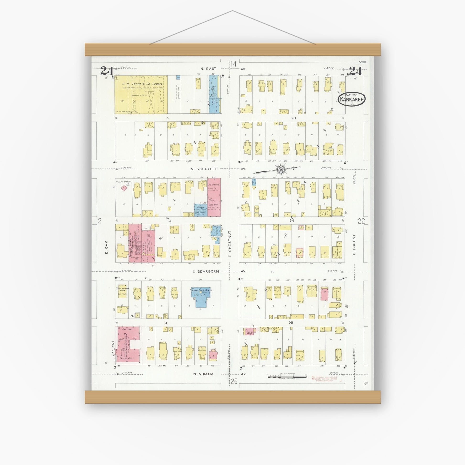 Old map wall art mockup — magnetic wood frame on white wall — Sanborn Fire Insurance Map from Kankakee, Kankakee County, Illinois (1930), Sheet #0024