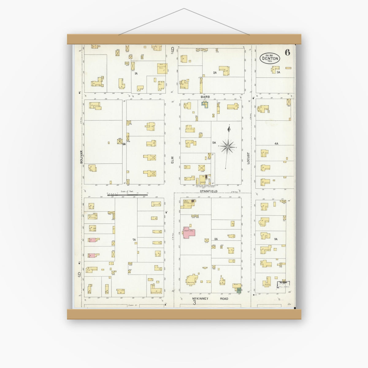 Old map wall art mockup — magnetic wood frame on white wall — Sanborn Fire Insurance Map from Denton, Denton County, Texas (1901), Sheet #0006
