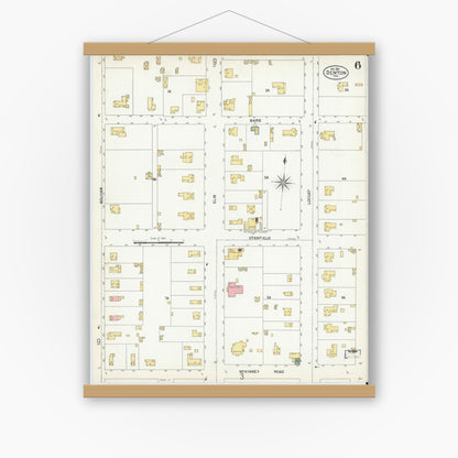 Old map wall art mockup — magnetic wood frame on white wall — Sanborn Fire Insurance Map from Denton, Denton County, Texas (1901), Sheet #0006