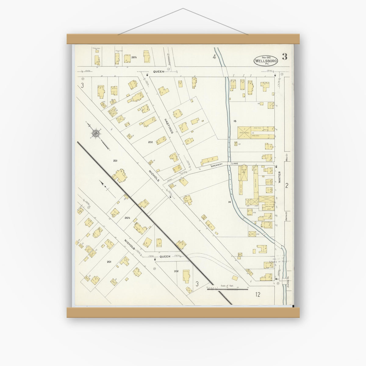 Old map wall art mockup — magnetic wood frame on white wall — Sanborn Fire Insurance Map from Wellsboro, Tioga County, Pennsylvania (1910), Sheet #0003
