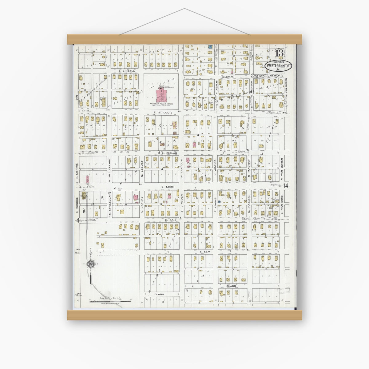 Old map wall art mockup — magnetic wood frame on white wall — Sanborn Fire Insurance Map from West Frankfort, Franklin County, Illinois (1919), Sheet #0013