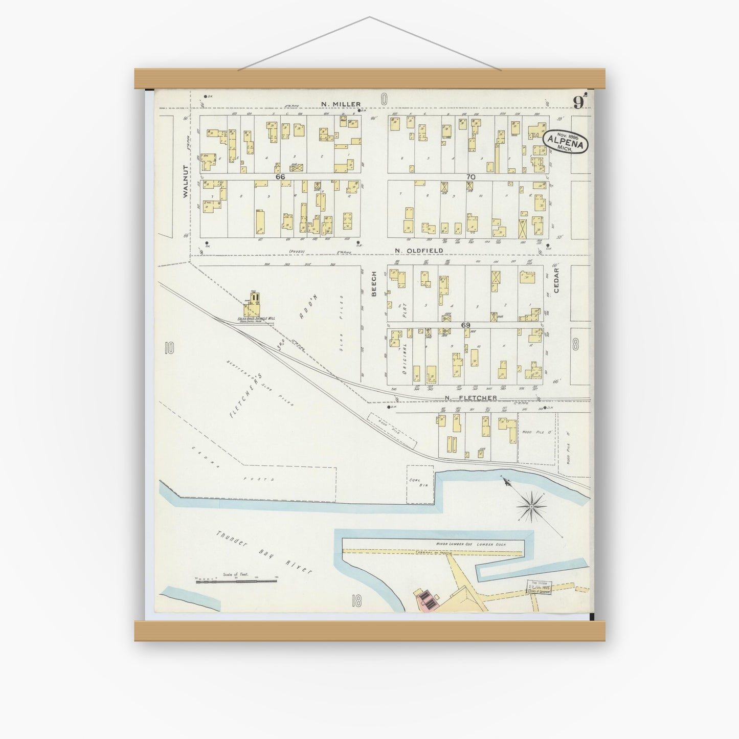 Old map wall art mockup — magnetic wood frame on white wall — Sanborn Fire Insurance Map from Alpena, Alpena County, Michigan (1895), Sheet #0009