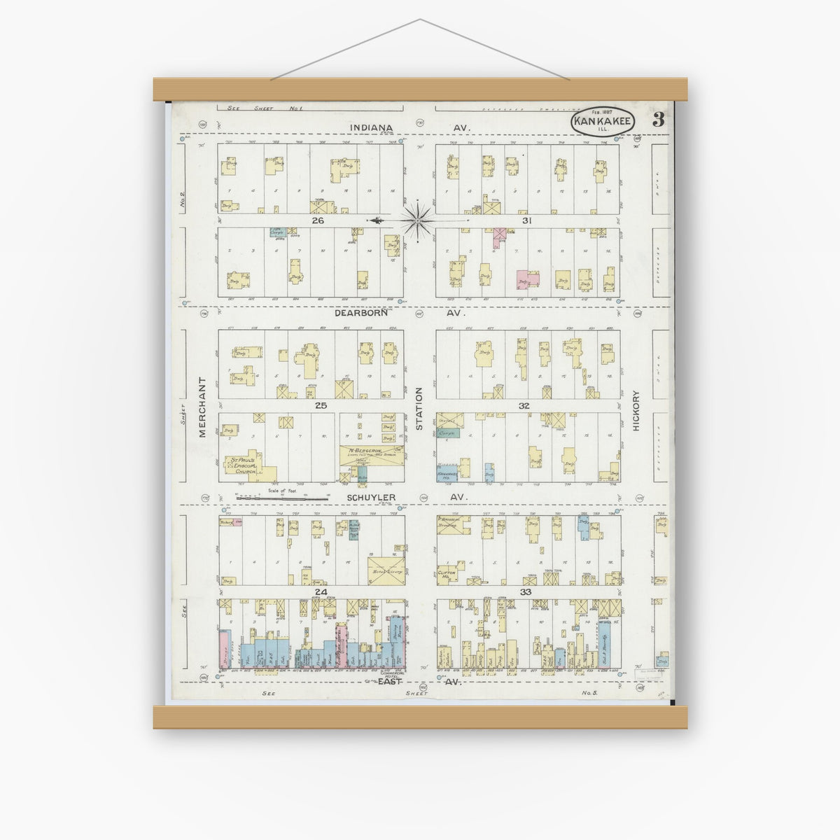 Old map wall art mockup — magnetic wood frame on white wall — Sanborn Fire Insurance Map from Kankakee, Kankakee County, Illinois (1887), Sheet #0003