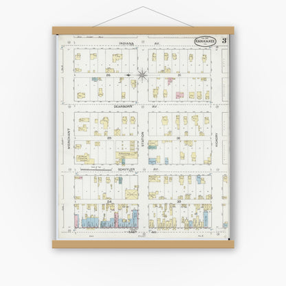 Old map wall art mockup — magnetic wood frame on white wall — Sanborn Fire Insurance Map from Kankakee, Kankakee County, Illinois (1887), Sheet #0003