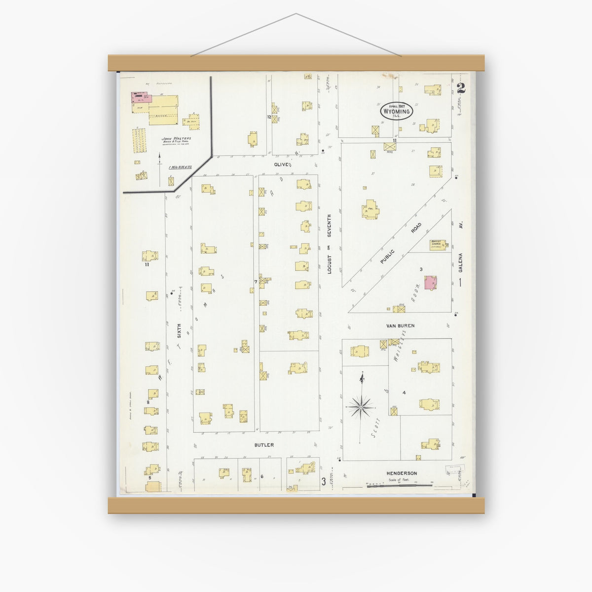 Old map wall art mockup — magnetic wood frame on white wall — Sanborn Fire Insurance Map from Wyoming, Stark County, Illinois (1907), Sheet #0002