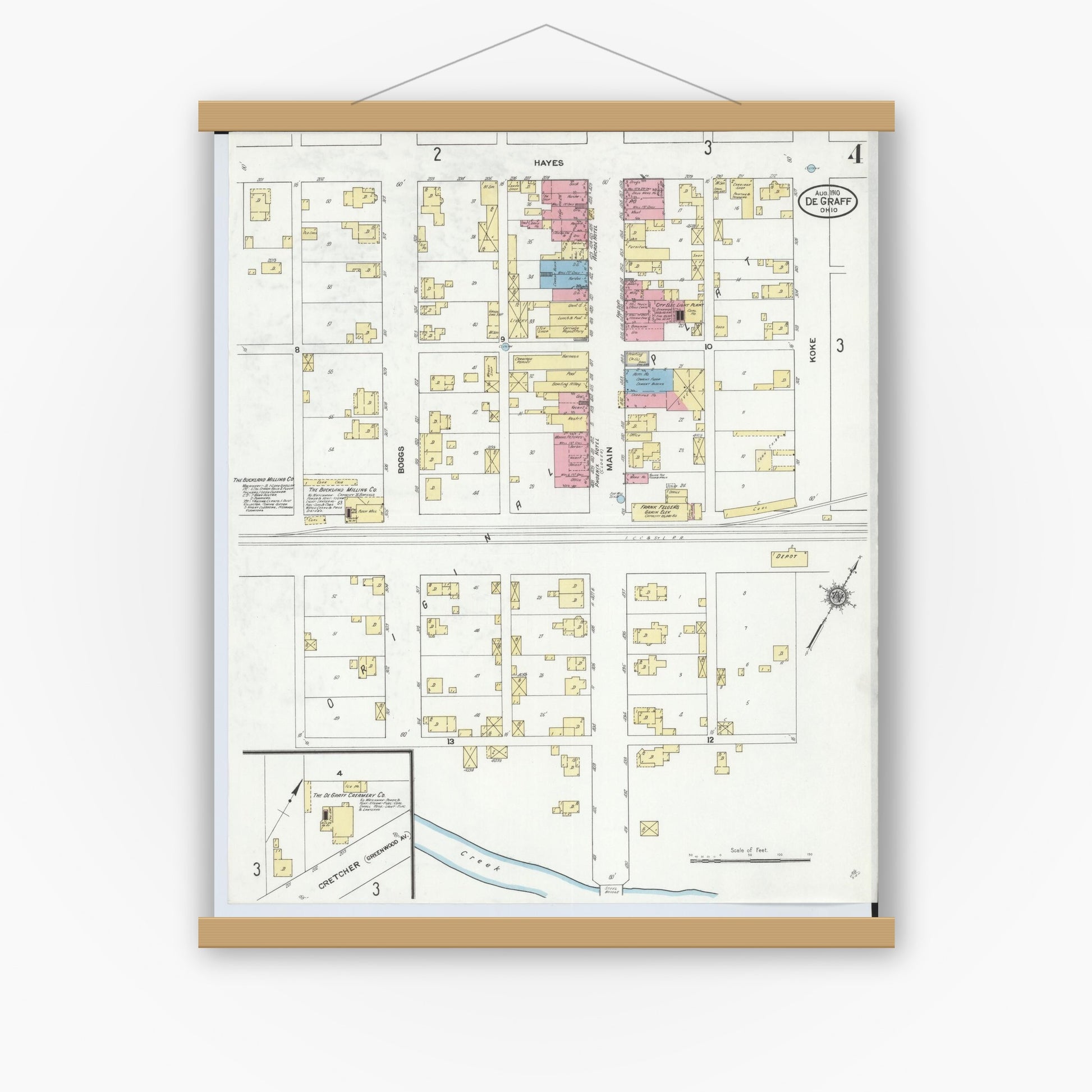Old map wall art mockup — magnetic wood frame on white wall — Sanborn Fire Insurance Map from Degraff, Logan County, Ohio (1910), Sheet #0004