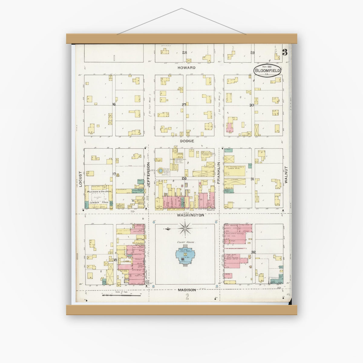 Old map wall art mockup — magnetic wood frame on white wall — Sanborn Fire Insurance Map from Bloomfield, Davis County, Iowa (1893), Sheet #0003